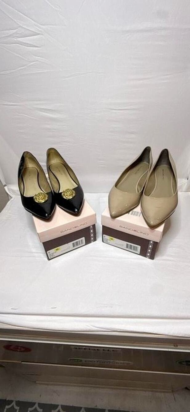 Bandolino Patent Wedge Heels Lot 2 Pr Black Gold Nude Pointed Toe Shoes 9M Box